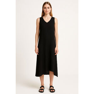 Lauren Vidal Black Crinkle Textured Asymmetrical Hem Midi Dress Sleeveless, S